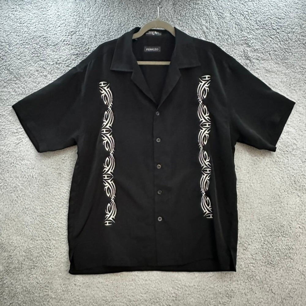 Perruzo Mens XL Black Tribal Embroidered Short Sleeve Button Up Shirt Y2K Style